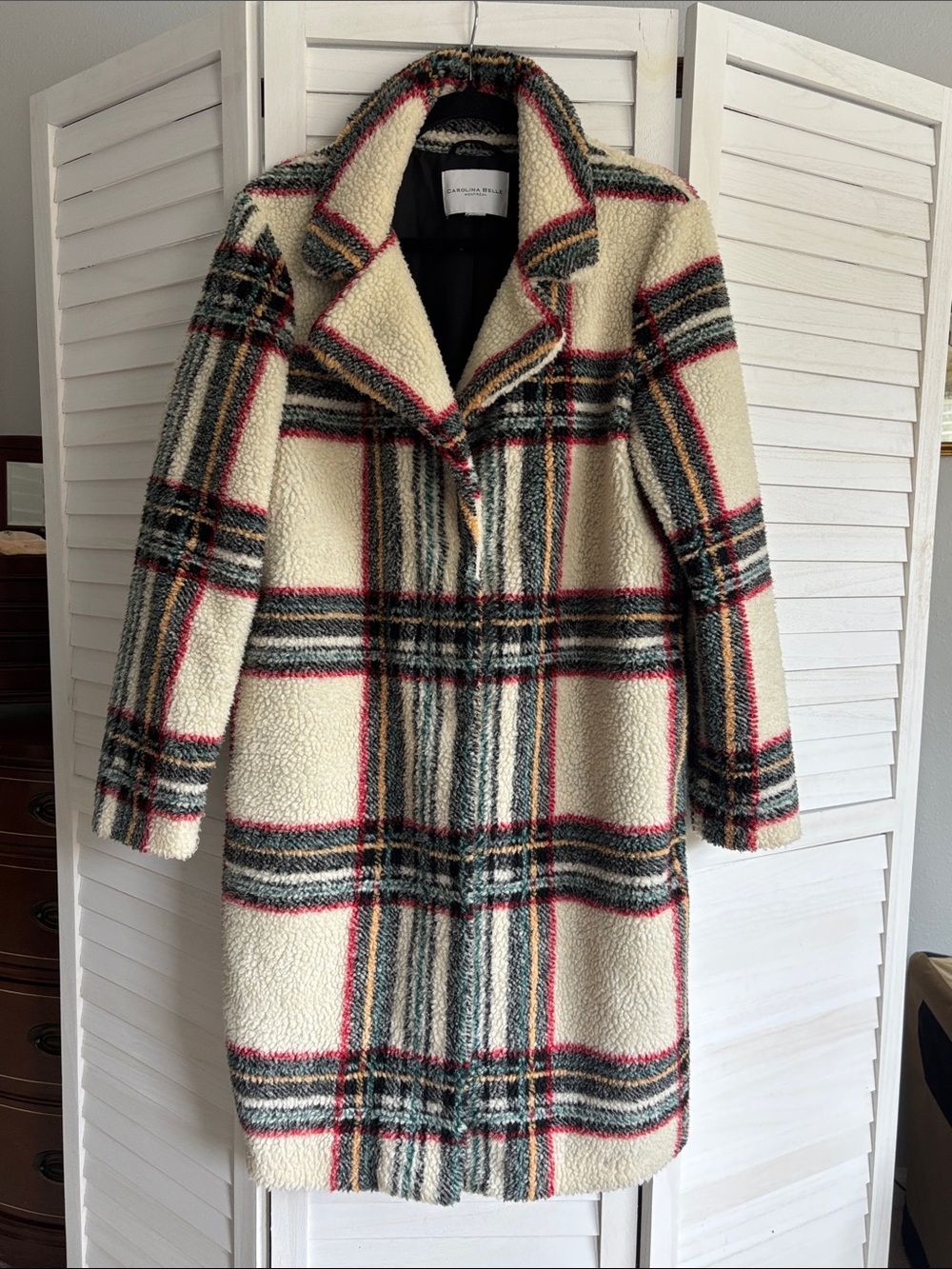 Carolina Belle Cream Plaid Teddy Coat with Red & Green Trim